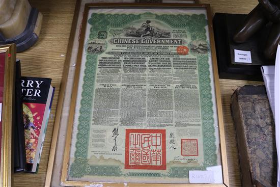 Two framed Chinese share certificates and a telephone certificate, and a Russian certificate